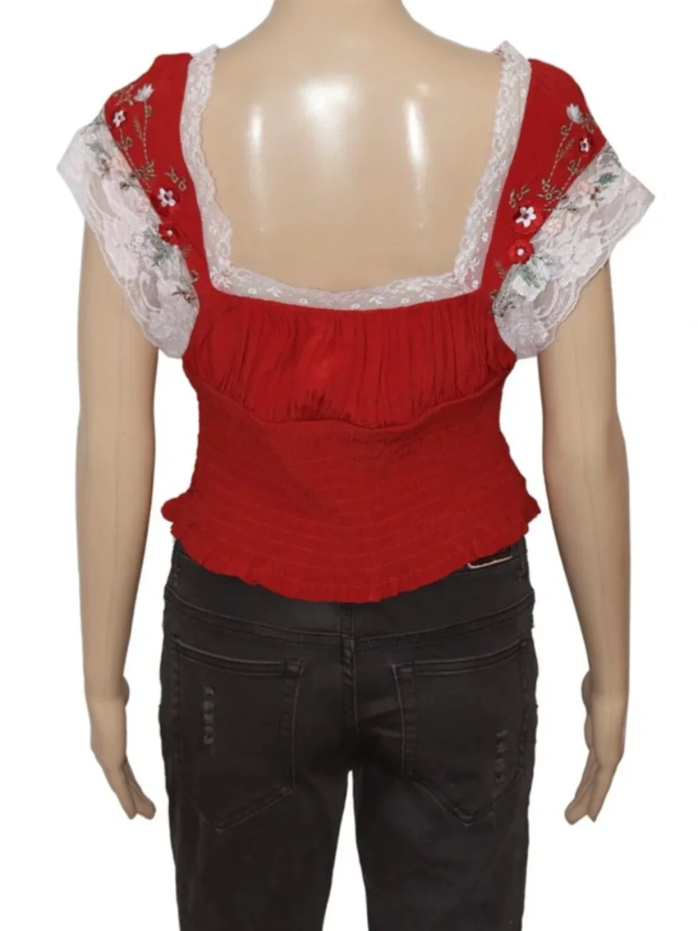 Free People Floral Embroidered Smocked Ruched Red Blouse Top XS